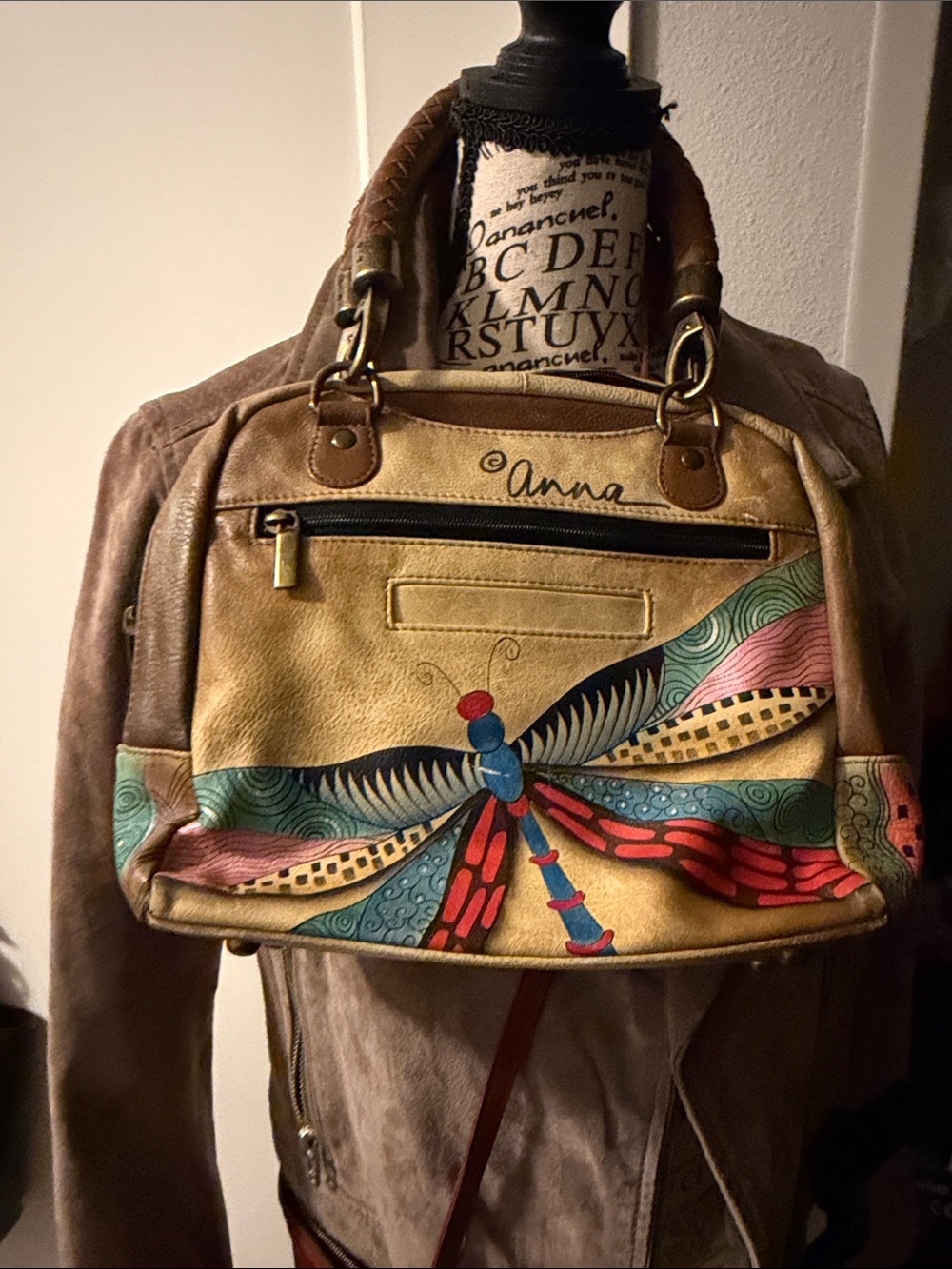 Anna Multicolor Dragonfly Satchel in Tan